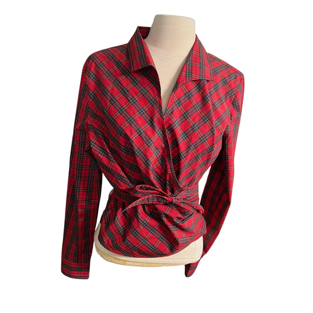 Foxcroft Wrinkle Free Red Plaid Tartan Wrap Top Cotton Blend Size 8